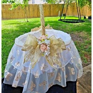 Handmade Decorative Basket Unisex Large White Gold Flower Girl, Storage Basket